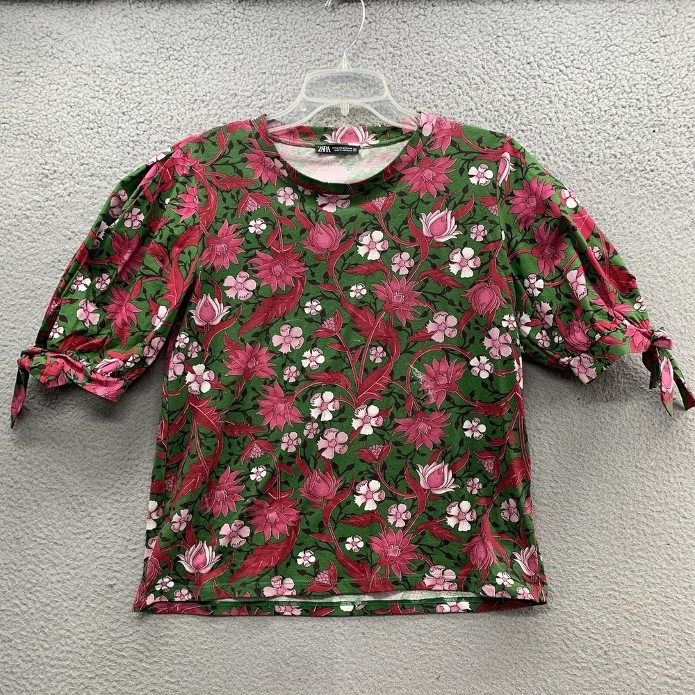 Zara Floral Puff Sleeve with Ties Top Womens S Pink & Green 100% Cotton